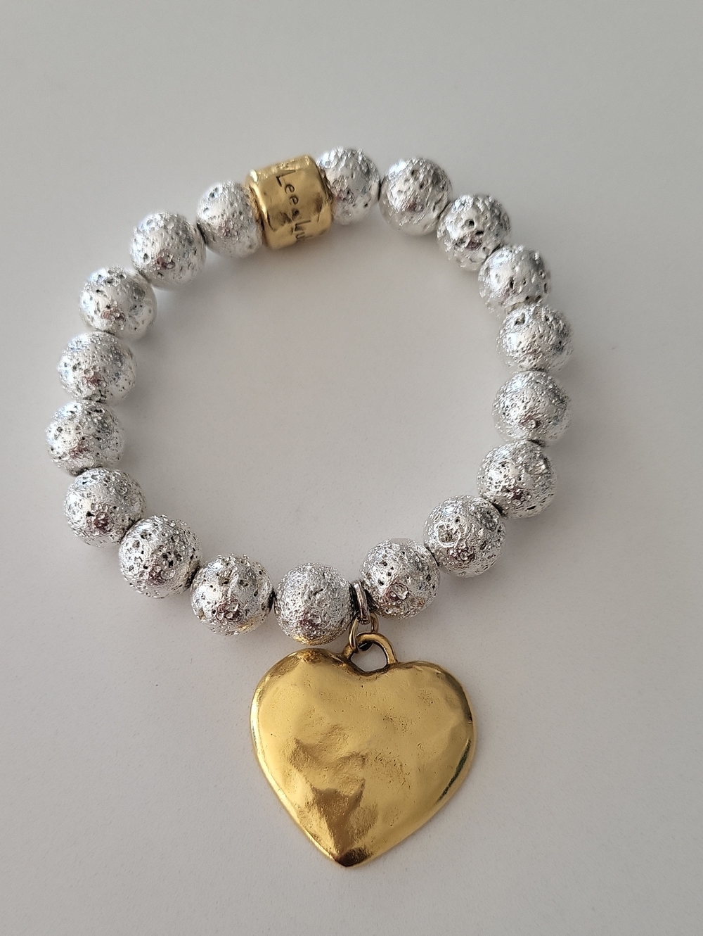 Lula 'n' Lee, Gold Heart Charm Silver Beaded Stretch Bracelet - Designer